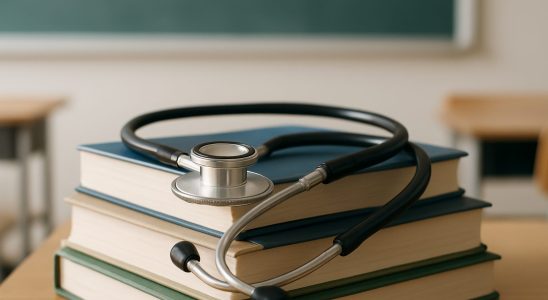A stethoscope resting on a stack of books in a classroom setting, suggesting education and healthcare themes.